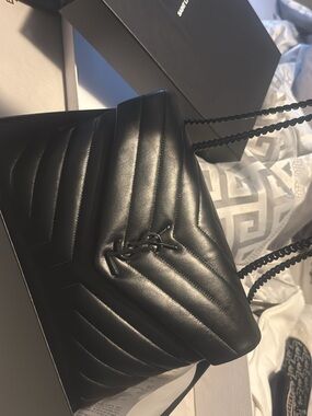 Saint Laurent Black Quilted Chevron Leather Shoulder Bag with YSL Logo